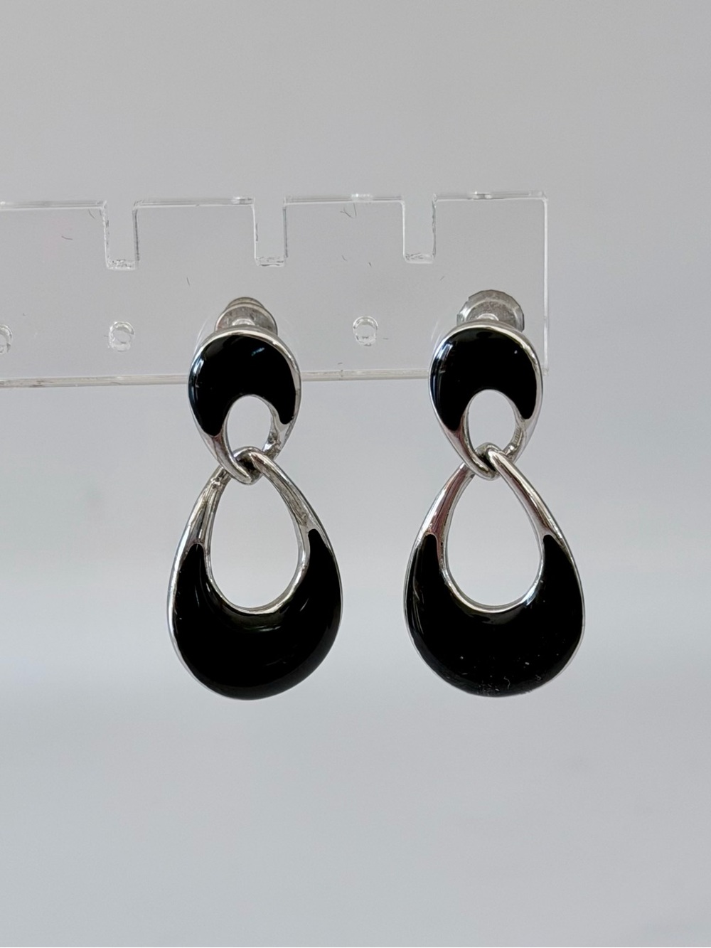 Vintage Black Enamel Teardrop Silver Dangle Earrings - Women Jewelry